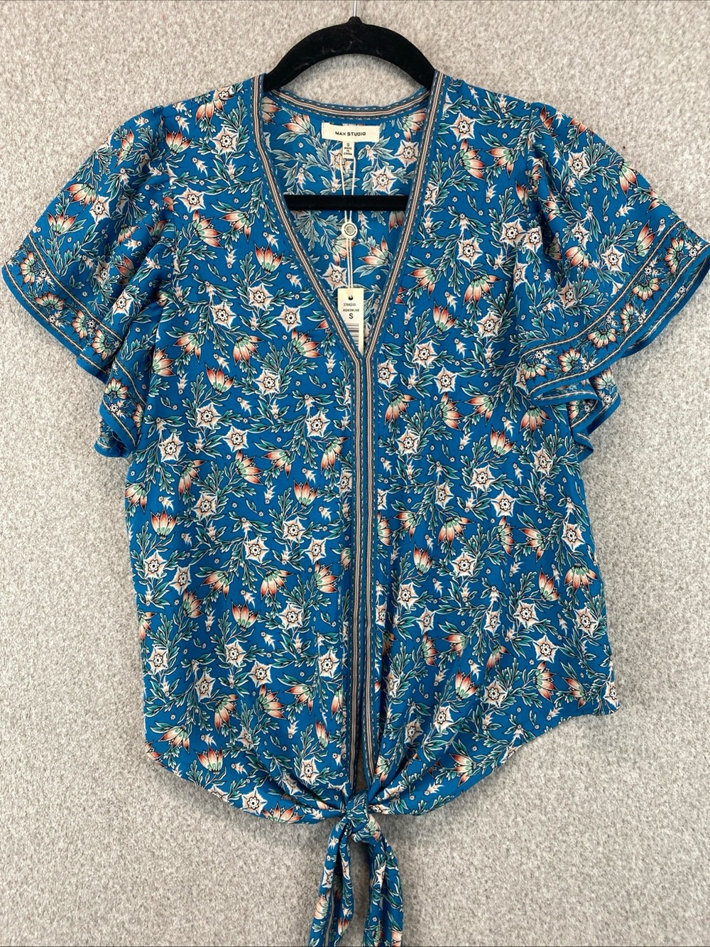 Max Studio Blue Boho Blouse Size S Floral Print V-neck Tie-Front Short Sleeve